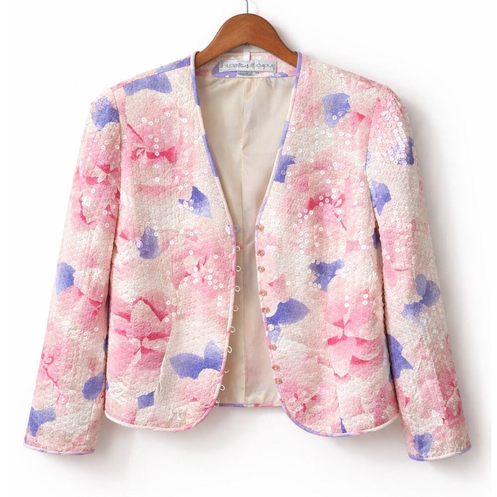 Vintage 100% Silk Sequin Floral Blazer – Pink & Purple Statement Jacket Size 10